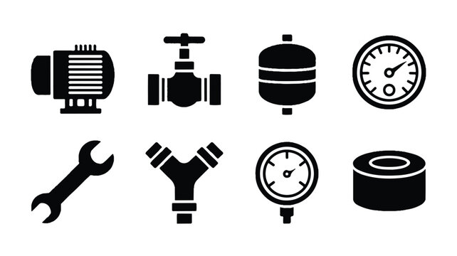 A set of eight black and white plumbing icons including a pump valve tank gauge wrench and pipe fittings