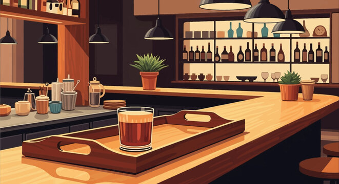 Vector illustration of a wooden bar counter with a serving tray holding a glass of beverage, featuring background shelves with liquor bottles, pendant lights, and potted plants.