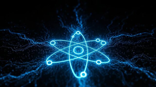 Glowing Atom In Deep Blue Showcasing Data Network For Scientific Concepts Technological Advancement Visuals With Circuit Board Background