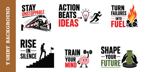 Action oriented motivational badge collection with train brain and pottery wheel icons. © jubayer95