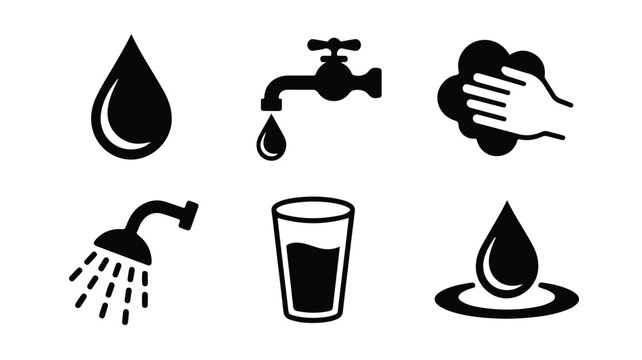A set of minimalist household water icons including a drop, faucet, hand washing, shower, glass, and a puddle.