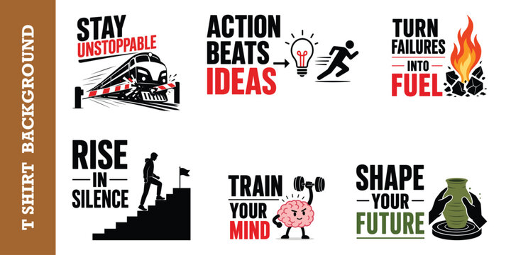 Action oriented motivational badge collection with train brain and pottery wheel icons.