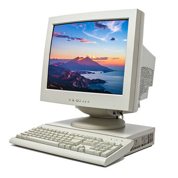 Retro CRT computer monitor displaying a vibrant coastal sunset landscape, digital art, vintage technology concept