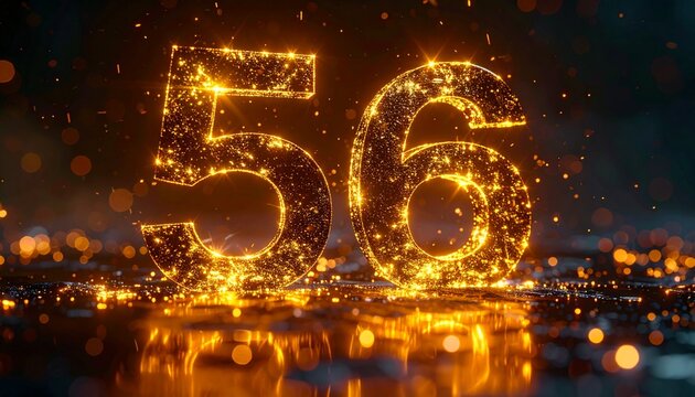 Golden number fifty-six shines brightly with sparkling lights on reflective surface at night.