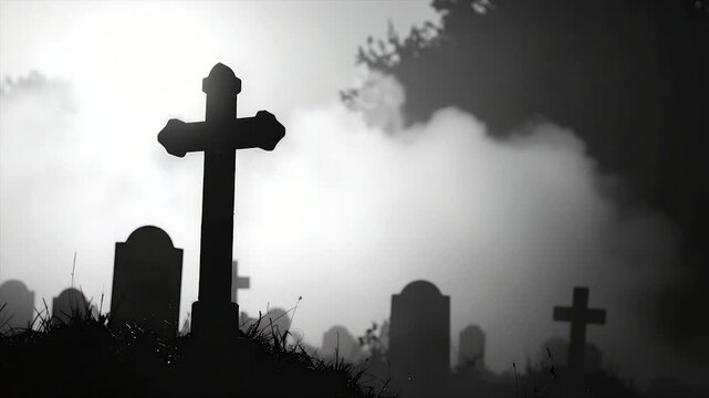 A hazy graveyard scene features silhouetted crosses and tombstones against an ethereal sky