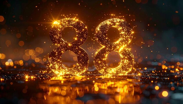 Glowing golden numbers eighty eight sparkle brightly on reflective surface at night