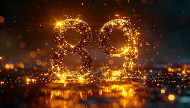 Glowing number eighty-nine emerges from sparkling particles on a dark background with reflection.