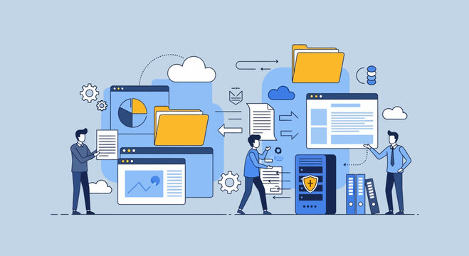 Office workers implement office digitization system with cloud document archive