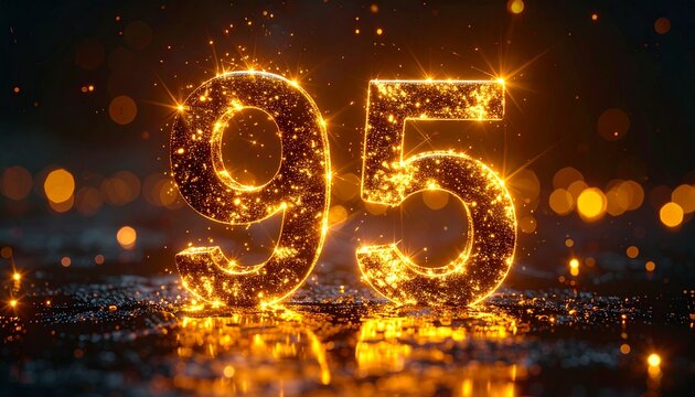 Glowing gold number ninety-five shines brightly on a dark reflective surface with sparkling lights.