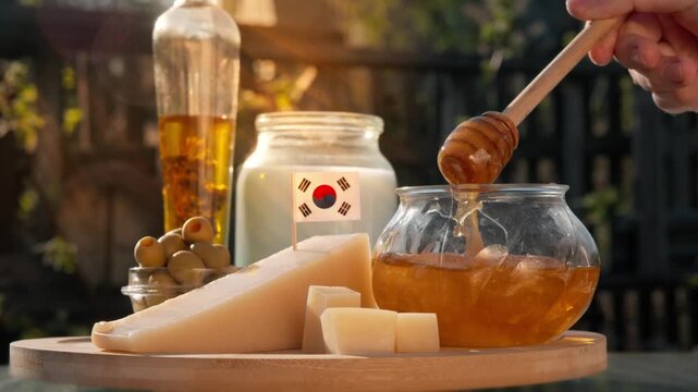 Local South Korean honey gently drips from honey dipper beside artisan cheese and dairy goods, with products displayed under the national flag.