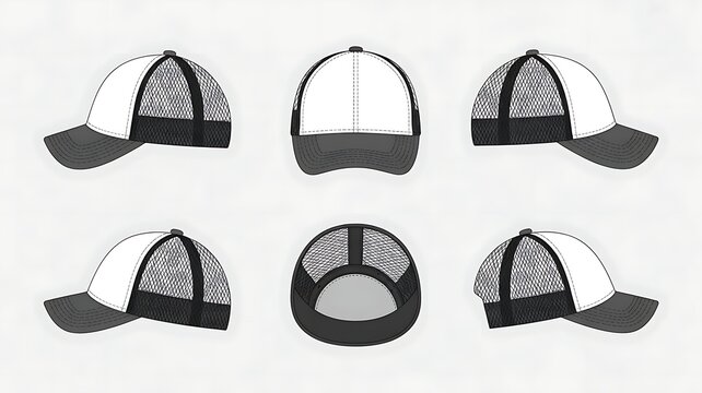 An illustration shows six different views of a black and white baseball cap
