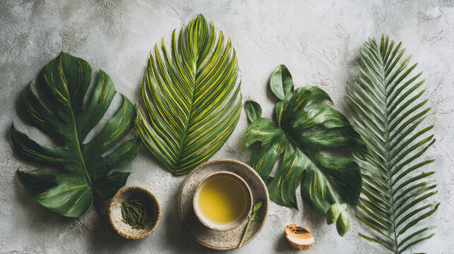 Tropical Tea Time Green Tea with Monstera and Palm Leaves.