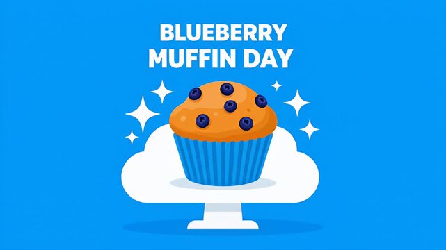 Blueberry muffin day concept with a cartoon cupcake on a cloud stand and blue layout