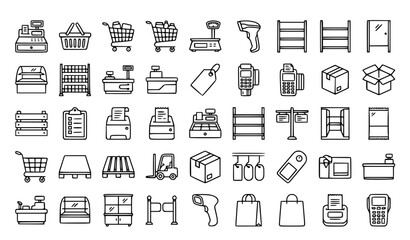Retail store supplies line 30 icon set with cash register cart scales and editable stroke vector collection © Shameem
