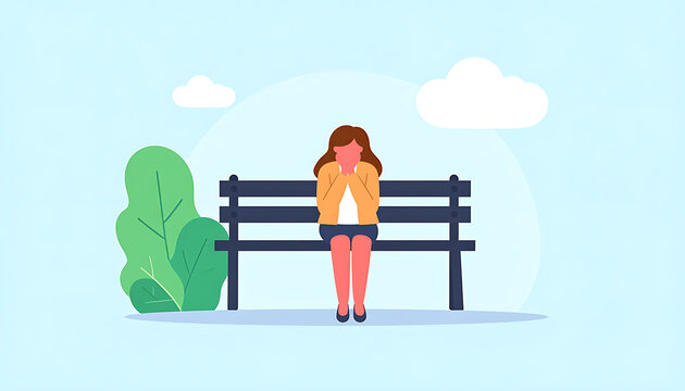 Sad woman sitting alone on a park bench, covering her face in distress, with green bushes and clouds in a flat illustration style.