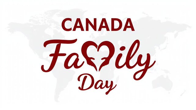 Canada Family Day text with a red heart icon over a light grey world map background.