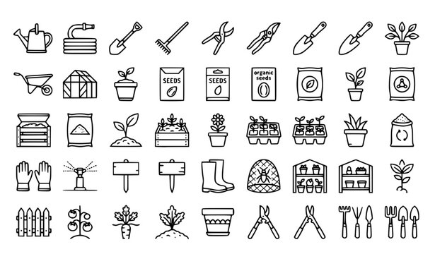 Gardening planting 30 line icon set with tools seeds greenhouse and editable stroke vector collection