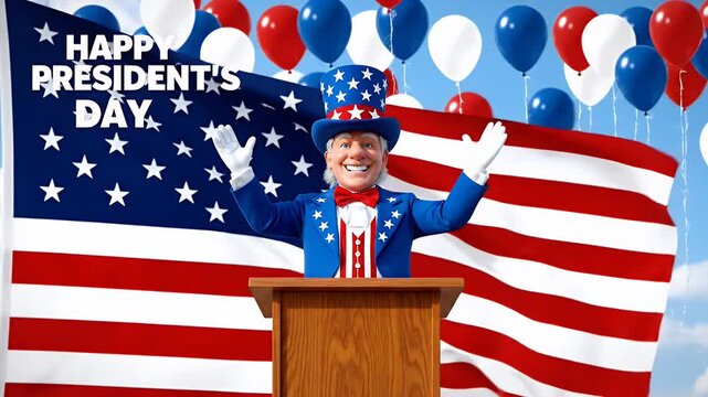 Happy president's day celebration with uncle sam at a podium and american flag waves