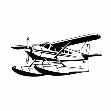 Black and white illustration of a seaplane on pontoons isolated on white background