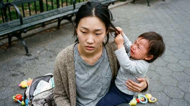 An exhausted mother holds her crying toddler while sitting on a park path. The image captures the raw reality of burnout, maternal fatigue, and the taxing weight of parenthood.
