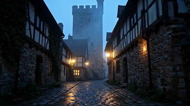 Medieval cobblestone street with half-timbered houses and stone tower at foggy night