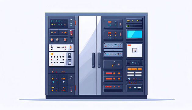 Server rack with multiple computer hardware components, data center equipment, networking technology, IT infrastructure, and digital storage