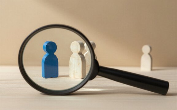 Magnifying glass highlights one blue figure among many white figures