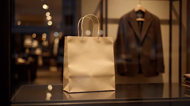 Paper shopping bag on a glass counter in a luxury boutique clothing store window bay