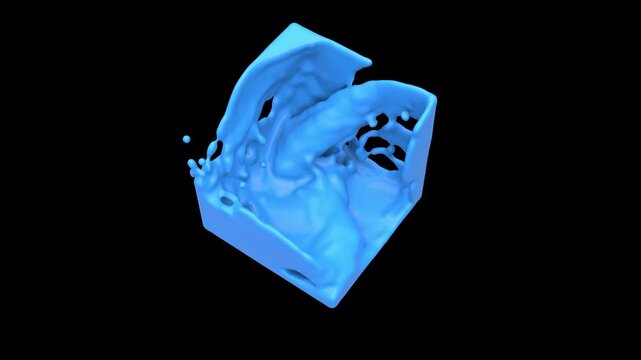 Blue liquid splashing in closed invisible cube shape