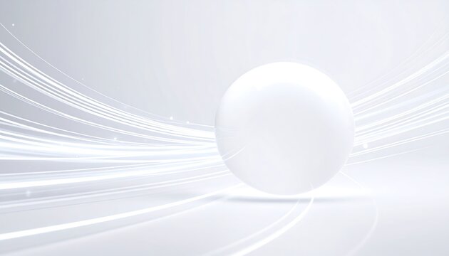 Abstract, white sphere on a light gray background.  Streamlined, flowing light lines radiate from around the sphere