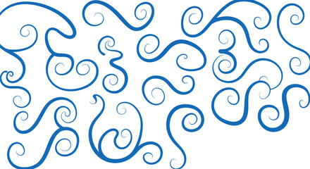 Fototapeta premium Flat vector illustration of swirling abstract line pattern, decorative blue curl design, stylized wind artwork, elegant motion composition, modern graphic background
