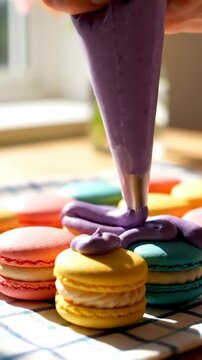 Closeup of a hand decorating colorful macarons with purple frosting from a piping bag while creating delicious french desserts for a sweet treat and baking lifestyle