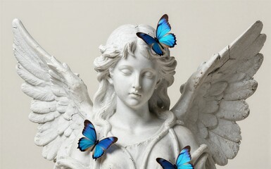 Naklejka premium White angel statue with vibrant blue butterflies resting on its wings