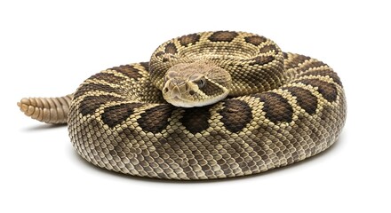 Obraz premium Isolated Wildlife Venomous Rattlesnake Coiled And Ready On White Background Studio