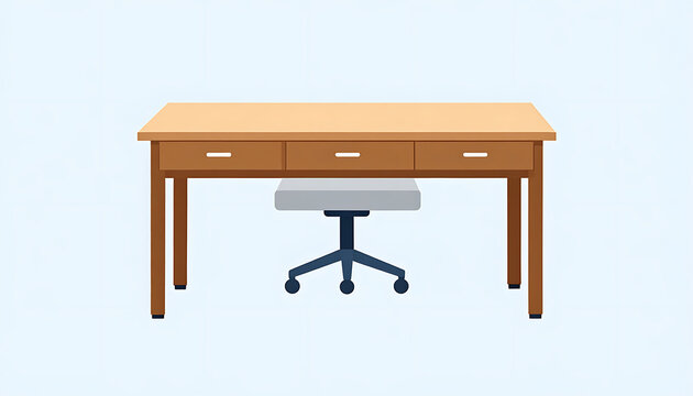 Simple wooden desk with drawers and a swivel office chair in front, clean workspace setup, minimalist home office illustration
