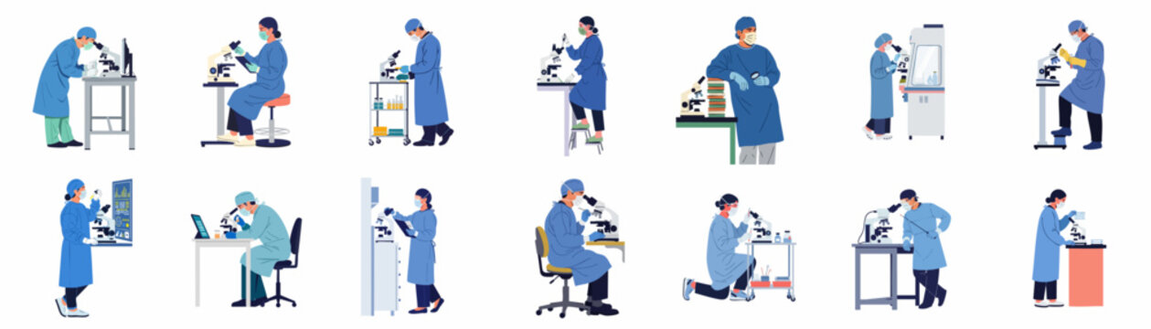 Vector Illustration Set of an IT Professional Performing Cybersecurity, Server Maintenance, Cloud Computing, and Software Development Tasks in Various Technical Scenarios