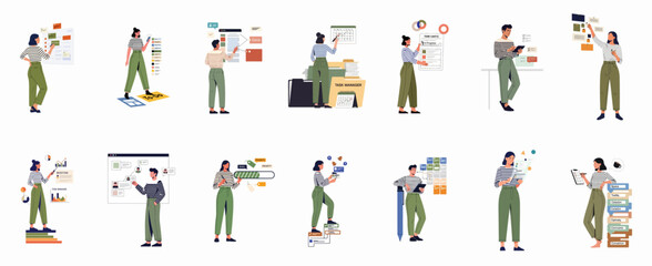 Set of vector illustrations showing polar researchers and explorers conducting scientific experiments and measurements in the Arctic and Antarctic regions. © Ricardo