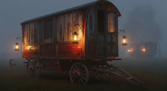 Old wagons with glowing lanterns in foggy night field