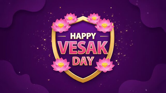 Happy vesak day greeting with pink lotus flowers and gold shield on purple backdrops