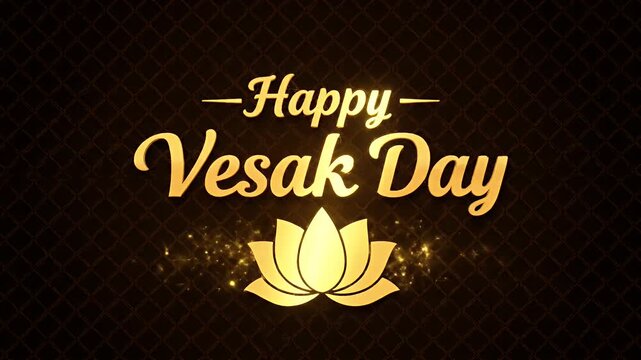 Happy vesak day greeting with a golden lotus flower over a dark patterned background