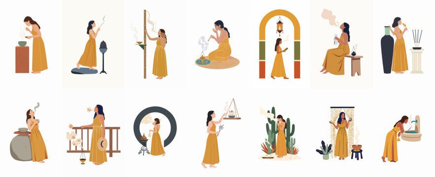 Set of vector illustrations featuring women in cozy loungewear enjoying various mindfulness activities and hobbies at home, from gardening to relaxing with tea.