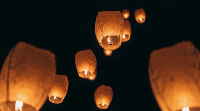 Orange Sky Lanterns Floating Upward in the Dark Night Sky with Gentle Flames Visible Inside Warm Glow Illuminating the Blackness