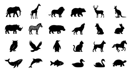 Fototapeta premium Various animal silhouettes are depicted on a clean white background.