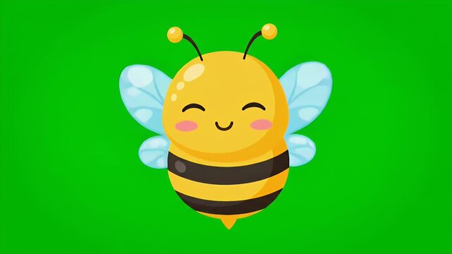 Cute cartoon bee flying and smiling on a green screen background for video projects.