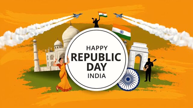 Happy Republic Day India celebration with Taj Mahal and fighter jets on orange color