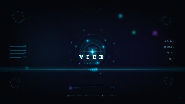 Close-up of a futuristic user interface displaying the word "VIBE" surrounded by glowing dots and digital elements in a dark, tech-inspired background with a cool blue hue.