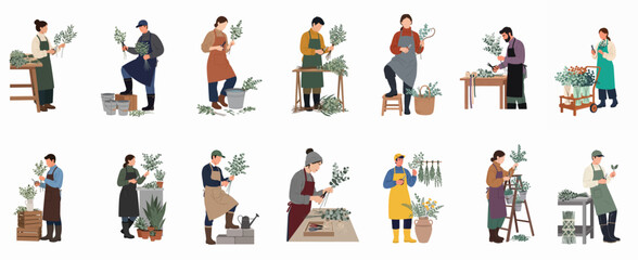 Flat illustration of diverse florists and gardeners working with green plants, eucalyptus branches, and floral arrangements in a workshop. © Ricardo