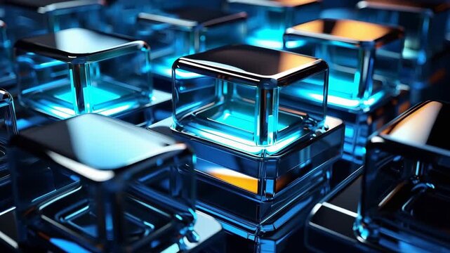 Different angles show a bright digital world filled with glass cubes reflecting light. The shapes interact, creating patterns and depth in the glowing space.