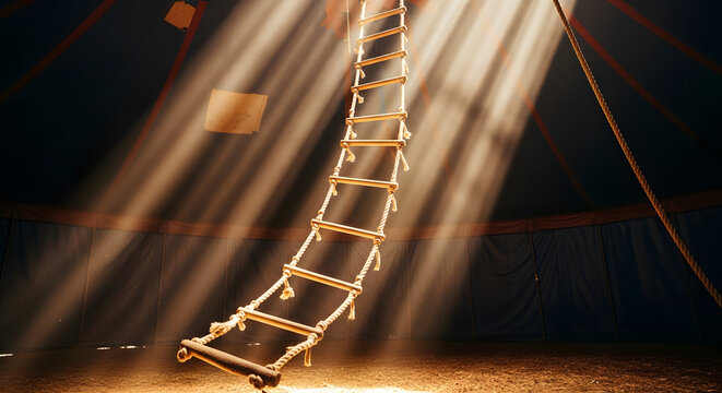 Rope ladder inside dark circus tent with light rays