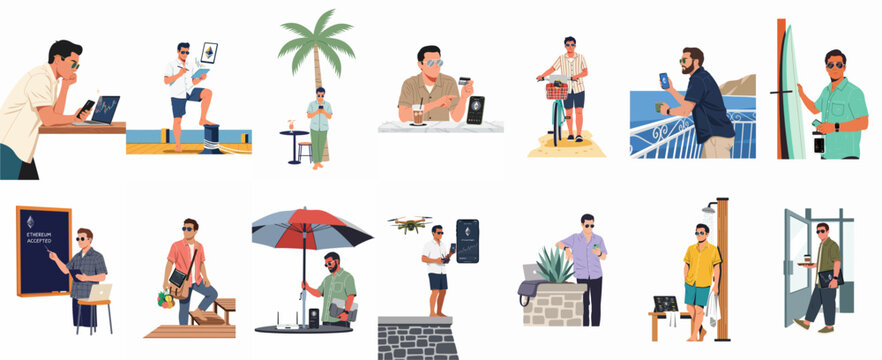 Flat vector illustration set of digital nomads and cryptocurrency traders working remotely from various travel and leisure locations.